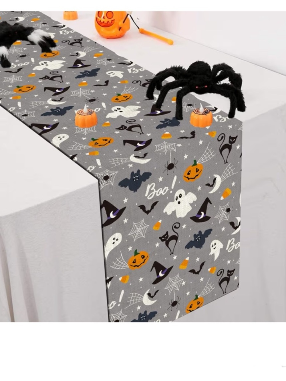 Halloween Table Runner - Gray with Orange & Black Spooky Prints